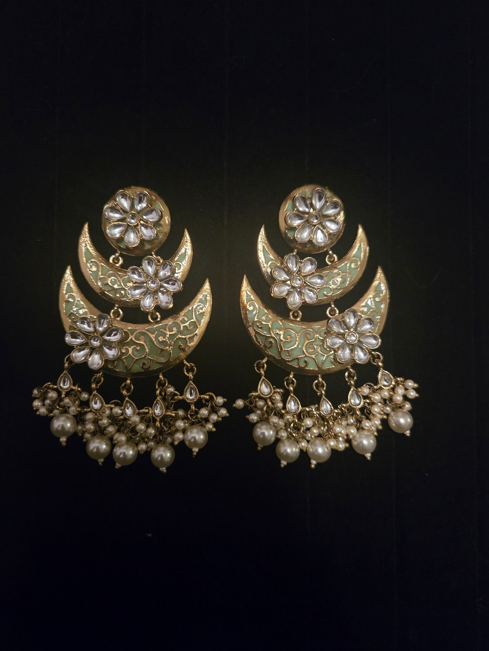 NWOT Pakistani Indian Desi Green Gold 3 Tier Chaand Bali Earrings